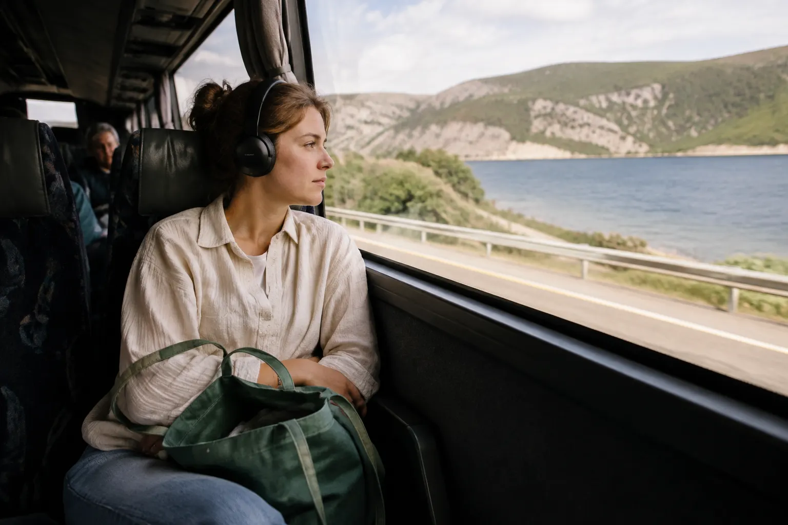 Coach passenger wearing unbranded headphones and watching the landscape with their phone put away.