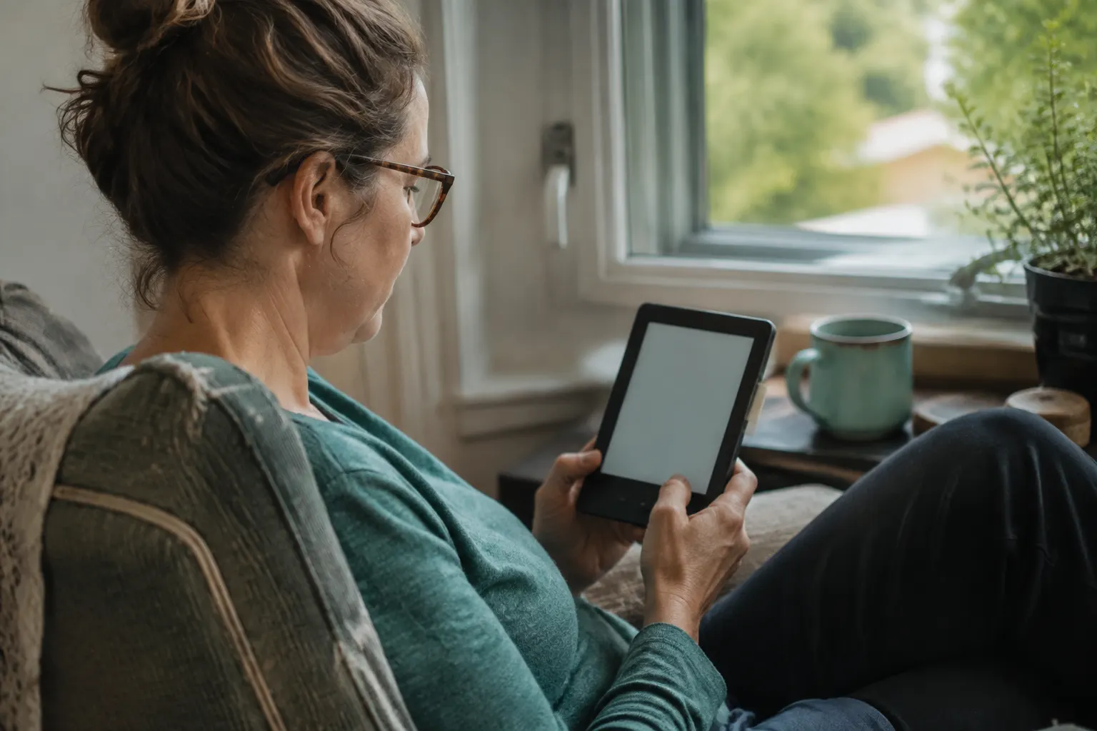Reader holding an unbranded e-reader at a comfortable distance while changing a page-transition setting.