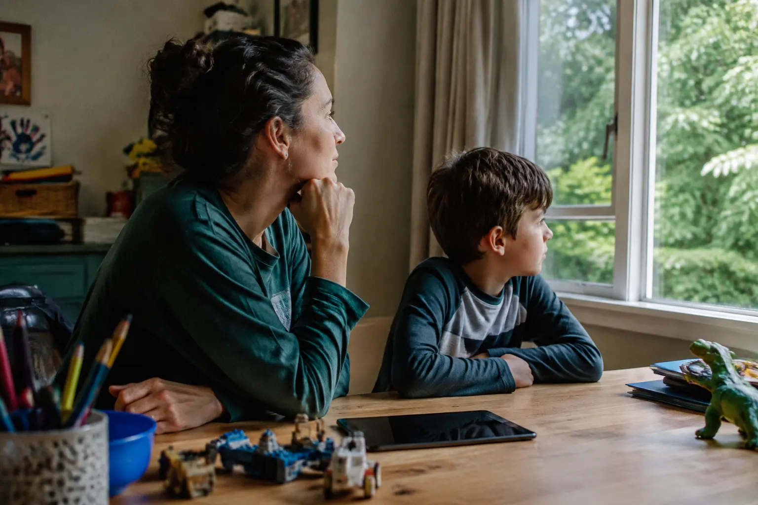 Parent and child taking a supervised break from a tablet and looking together through a window.