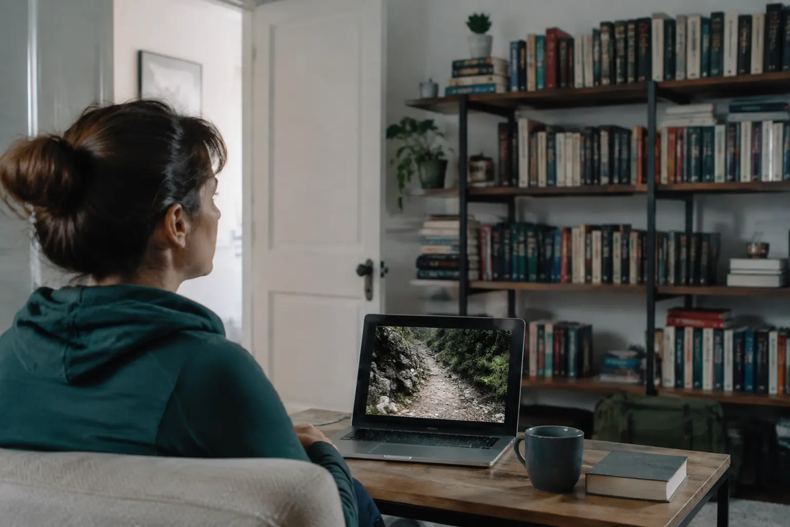 Viewer pausing first-person video on a smaller distant screen and looking at the stationary room.