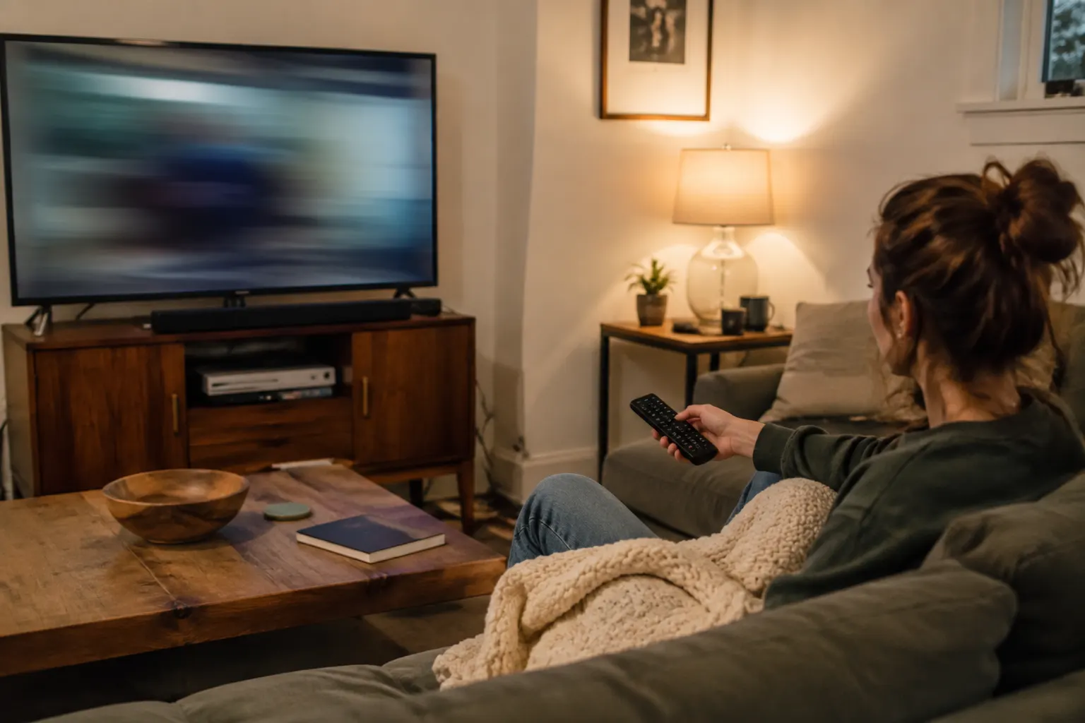 Viewer sitting farther from a television and using a remote during a fast-moving scene.