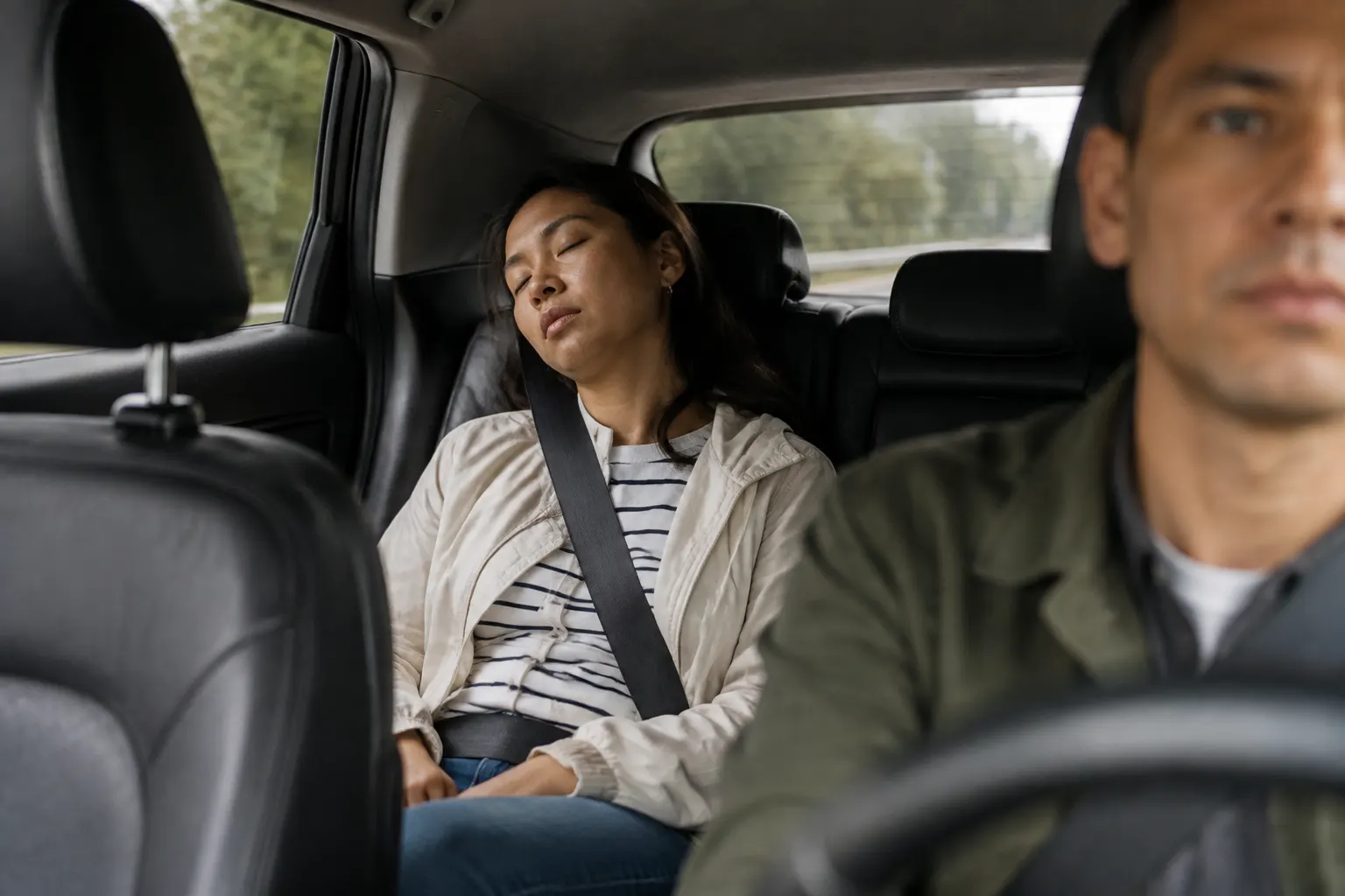 Drowsy rear-seat car passenger resting safely against the headrest with a seat belt fastened.