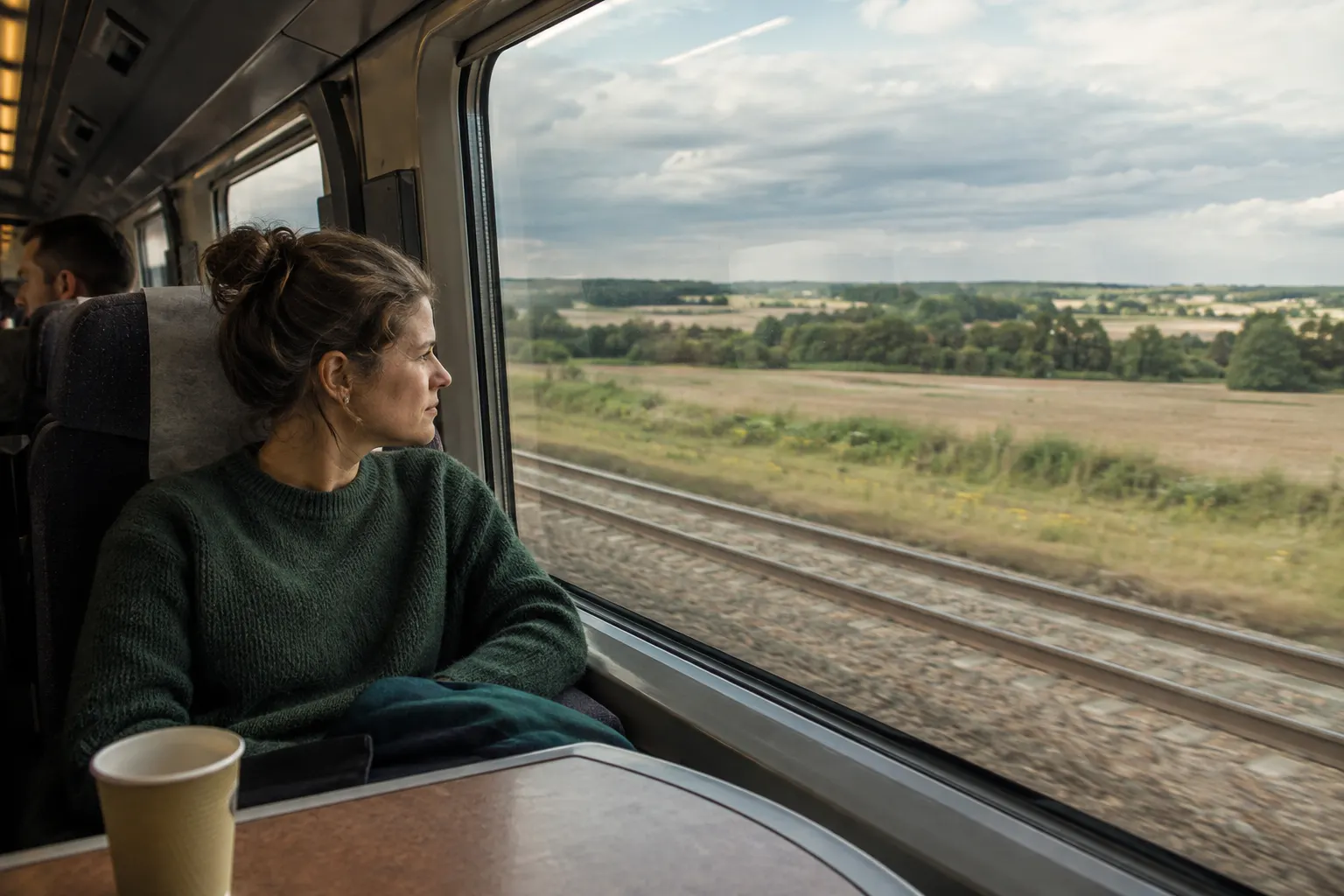 Passenger watching open countryside from an unbranded French high-speed train carriage.