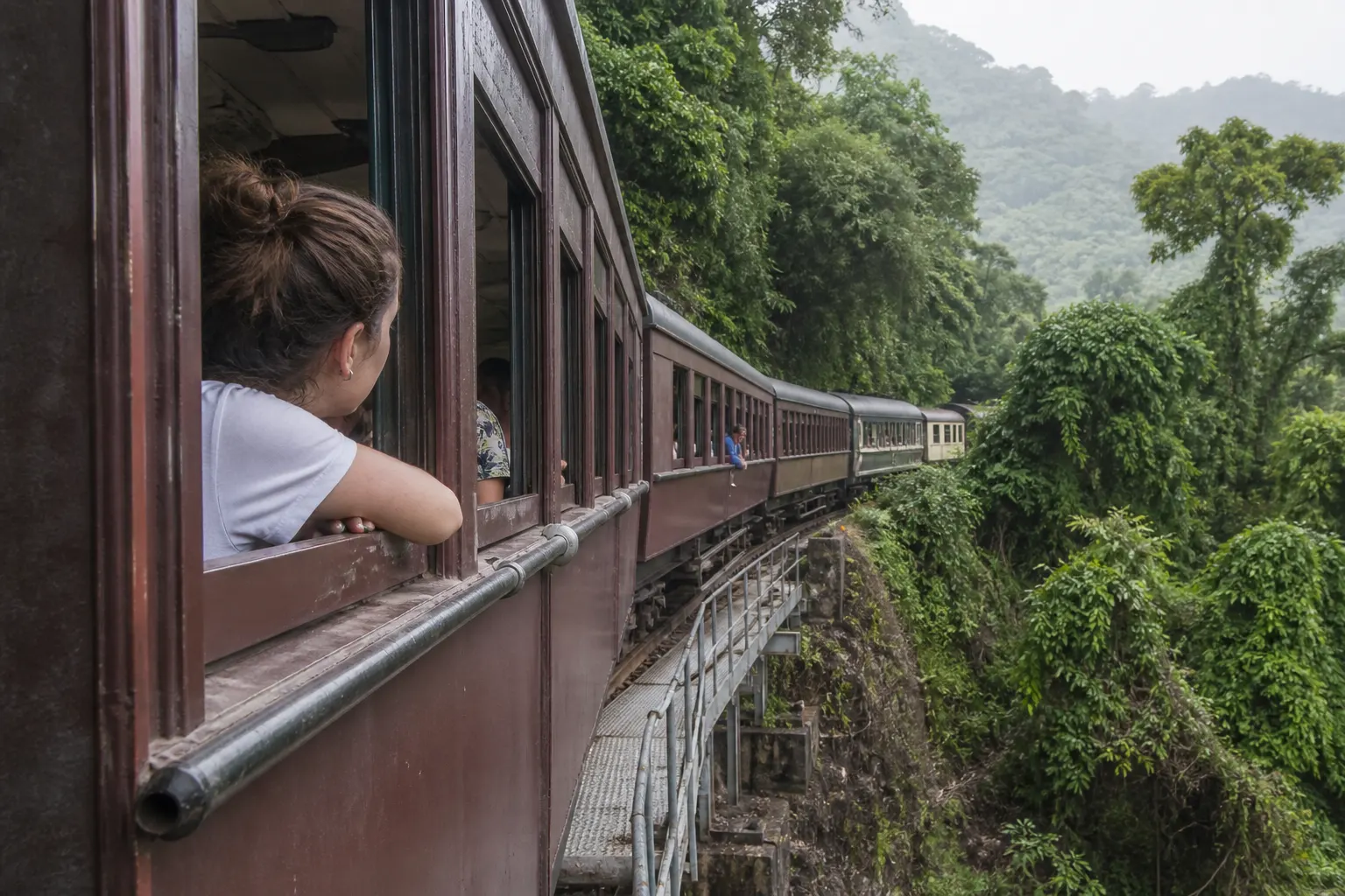 Unbranded heritage train traveling along a tropical rainforest mountainside in northern Australia.
