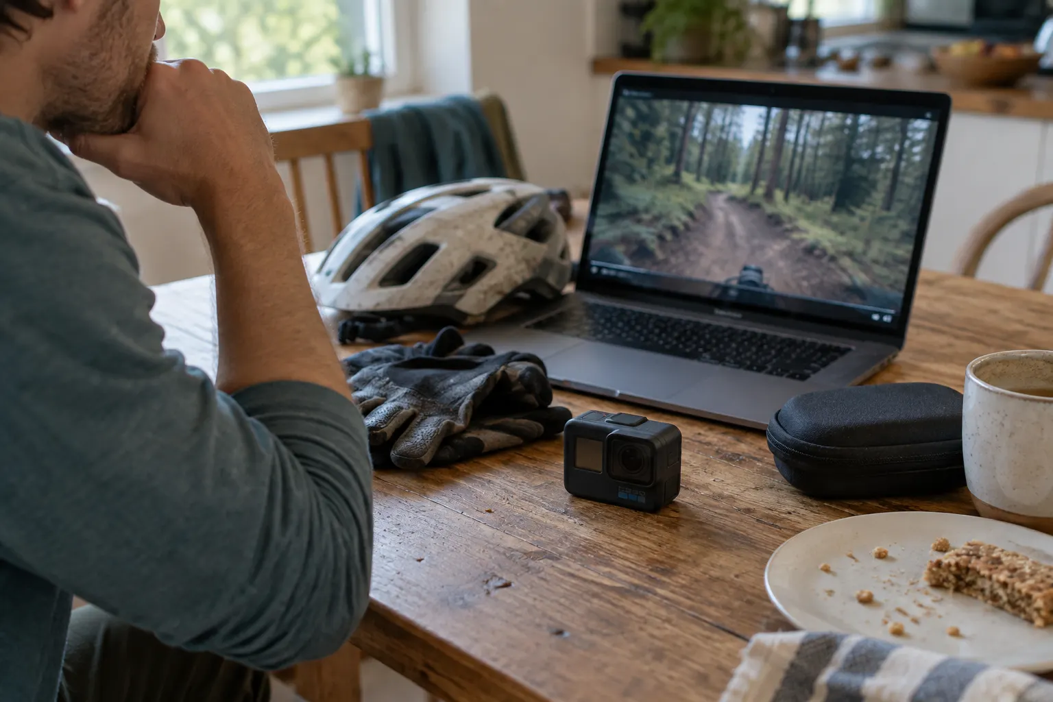 Action camera and cycling equipment beside a laptop showing a small indistinct trail preview.
