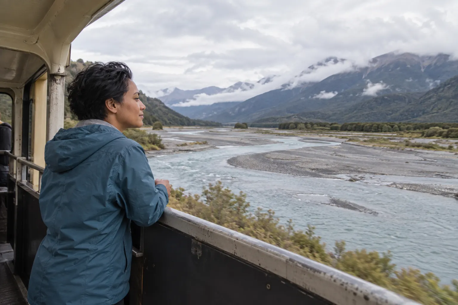 Passenger inside an observation carriage watching a braided river and distant foothills.