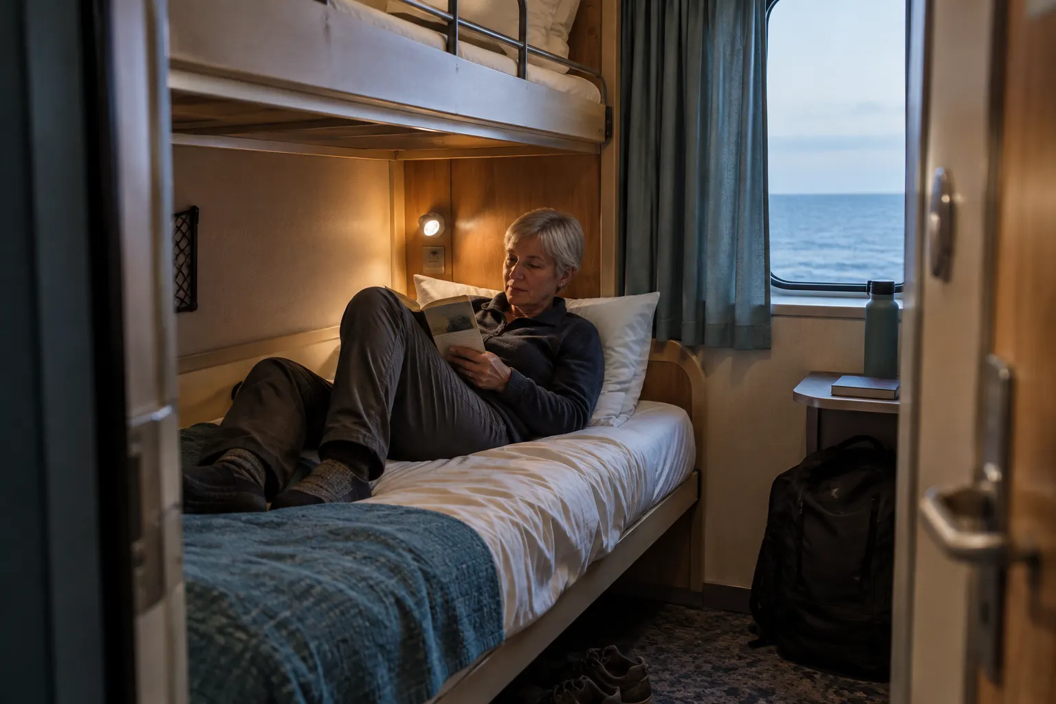 Traveler resting on a lower bunk in a simple ferry cabin during an overnight crossing.