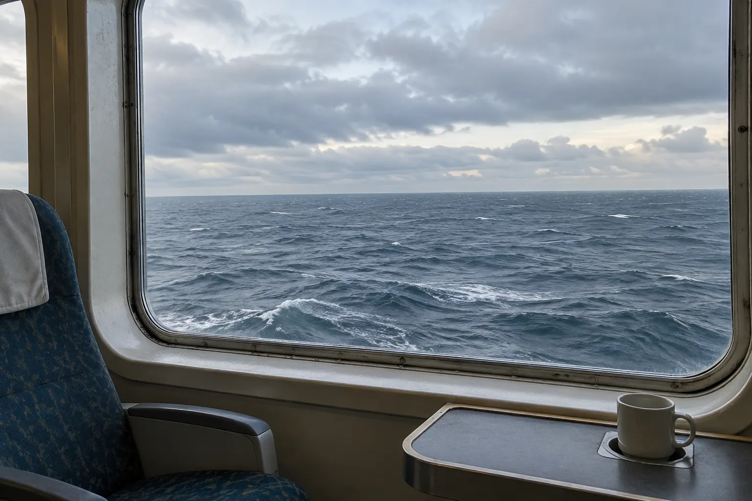 Open-water swell and smaller ripples seen through a ferry lounge window under gray cloud.