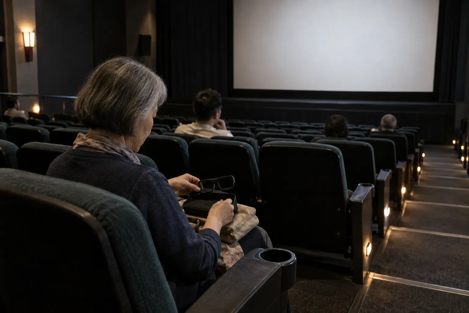 Moviegoer seated farther back in a cinema, holding 3D glasses above an open case on her lap.