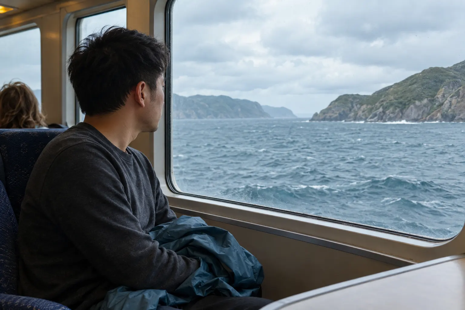 Seated ferry passenger watching open water between rugged headlands through an observation window.