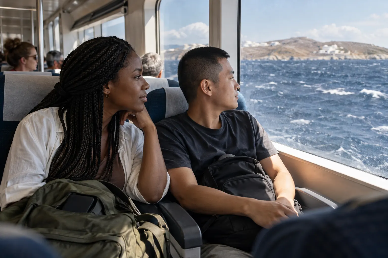 Two travelers seated in a catamaran cabin watching an island and whitecaps through the window.