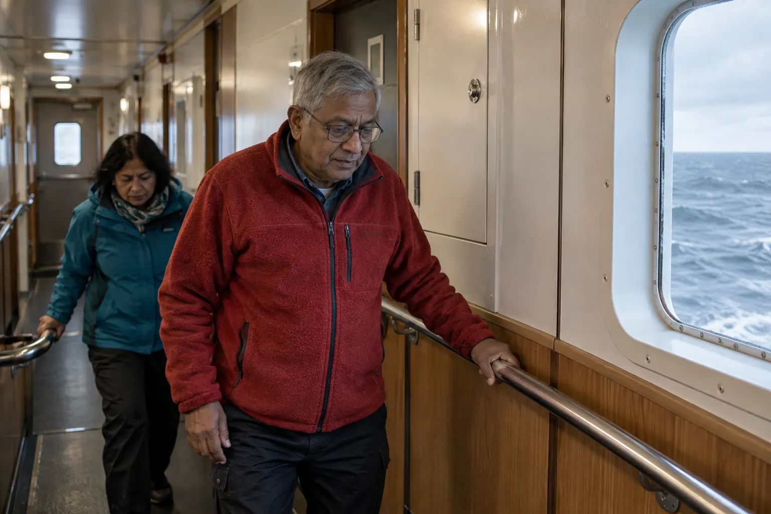 Two expedition-ship passengers using fixed corridor handrails while moving between rooms.