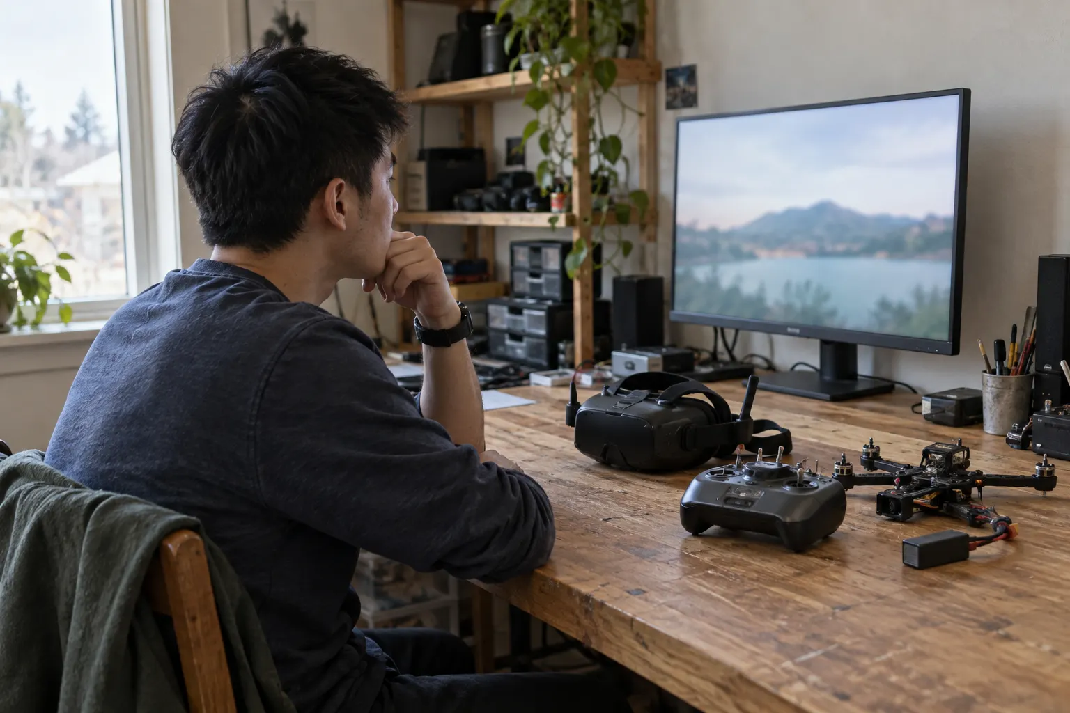 Viewer watching a small monitor with FPV goggles, controller and an inactive drone set aside.