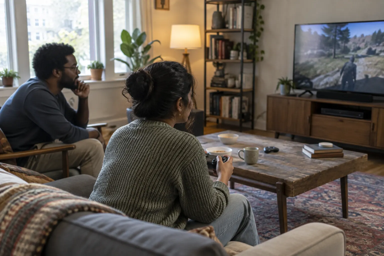 Friends playing and watching a game from separate seats in a well-lit living room.