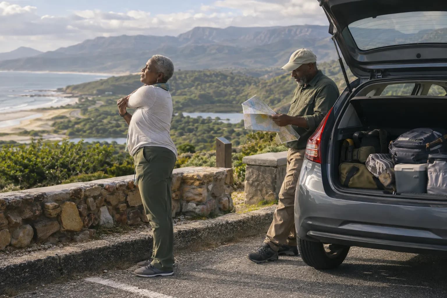 Travelers stretching beside a parked car at a coastal rest area with forested hills beyond.