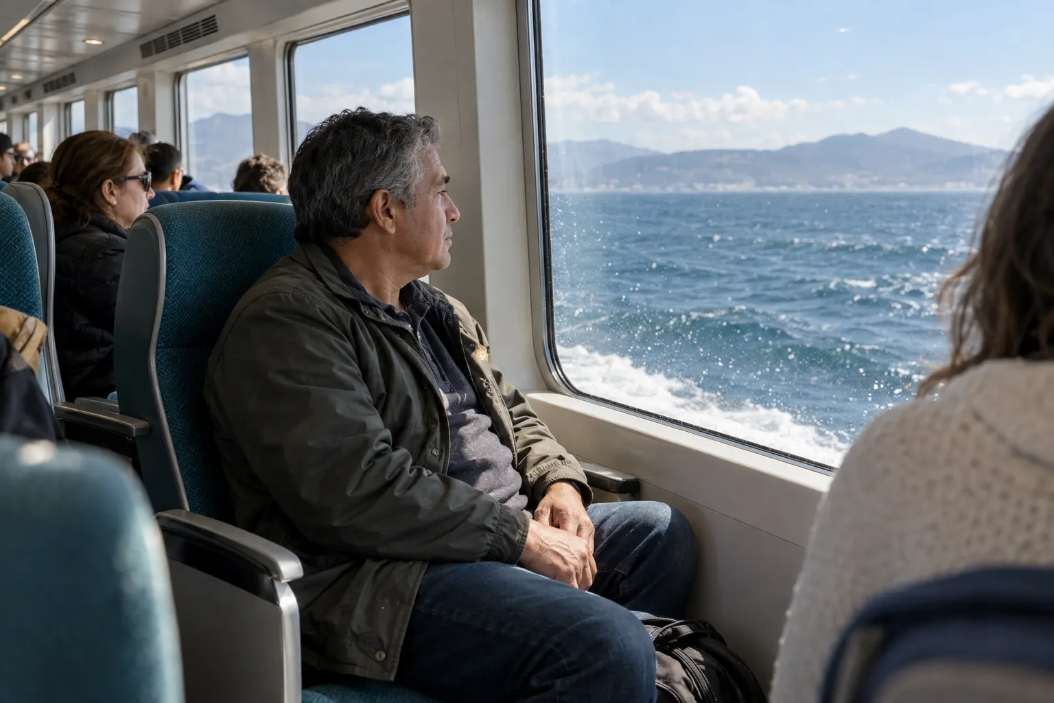Ferry passenger seated centrally and watching short waves beneath distant hazy hills.