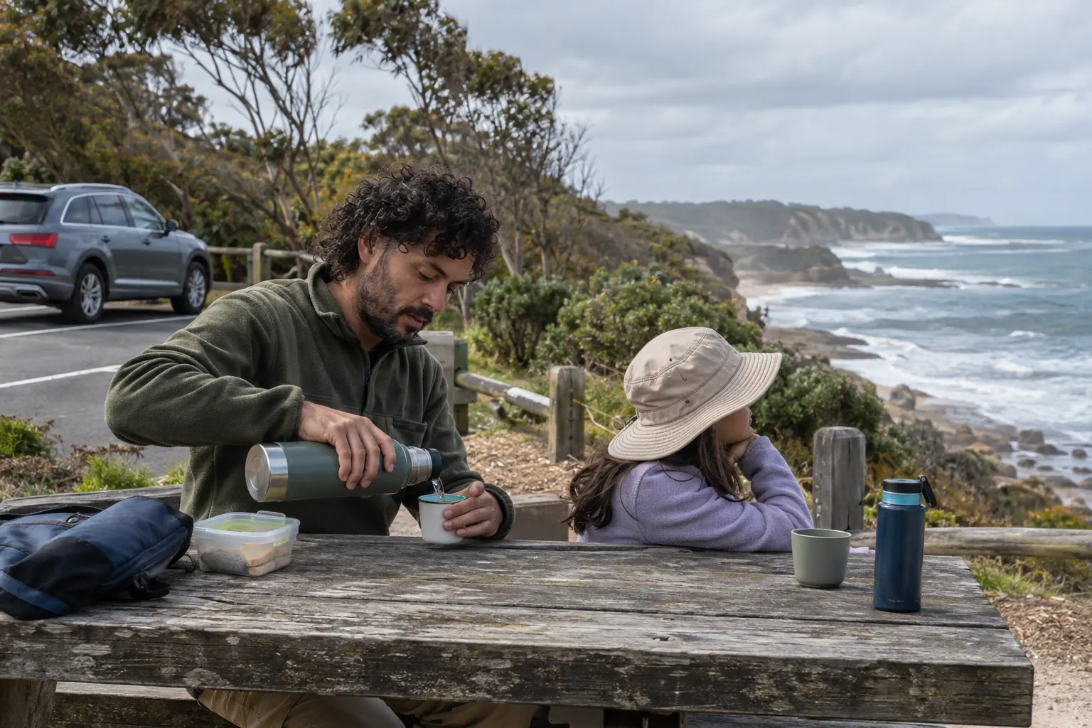 Parent and child taking a water break at a coastal picnic area beside a parked car.
