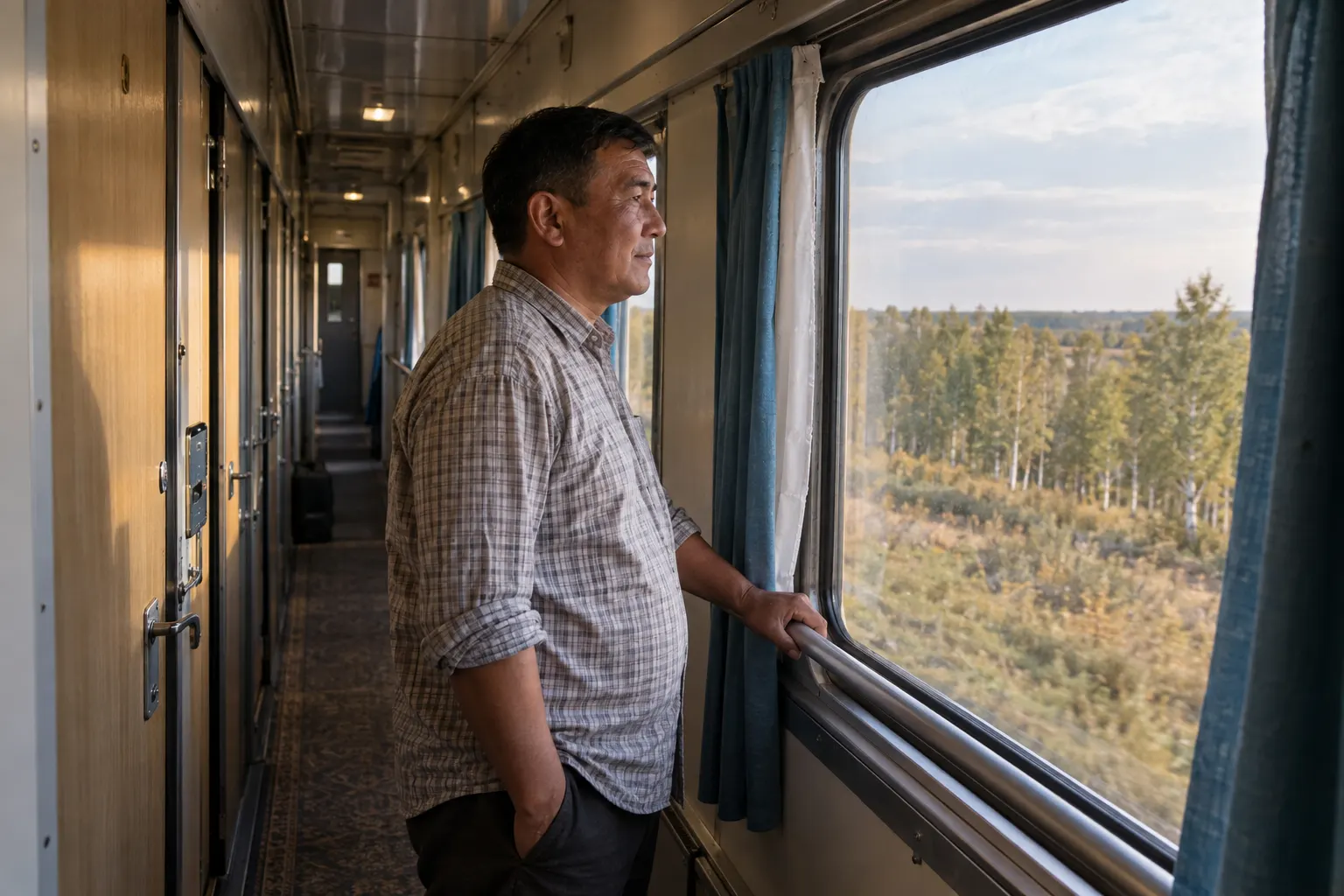 Sleeper-train passenger looking across a broad landscape from the corridor window.