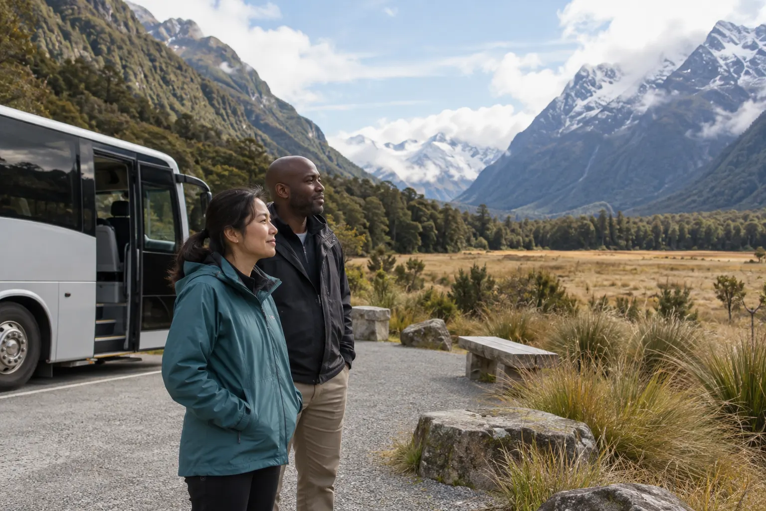 Travelers resting beside a parked coach on a broad valley floor before a mountain approach.