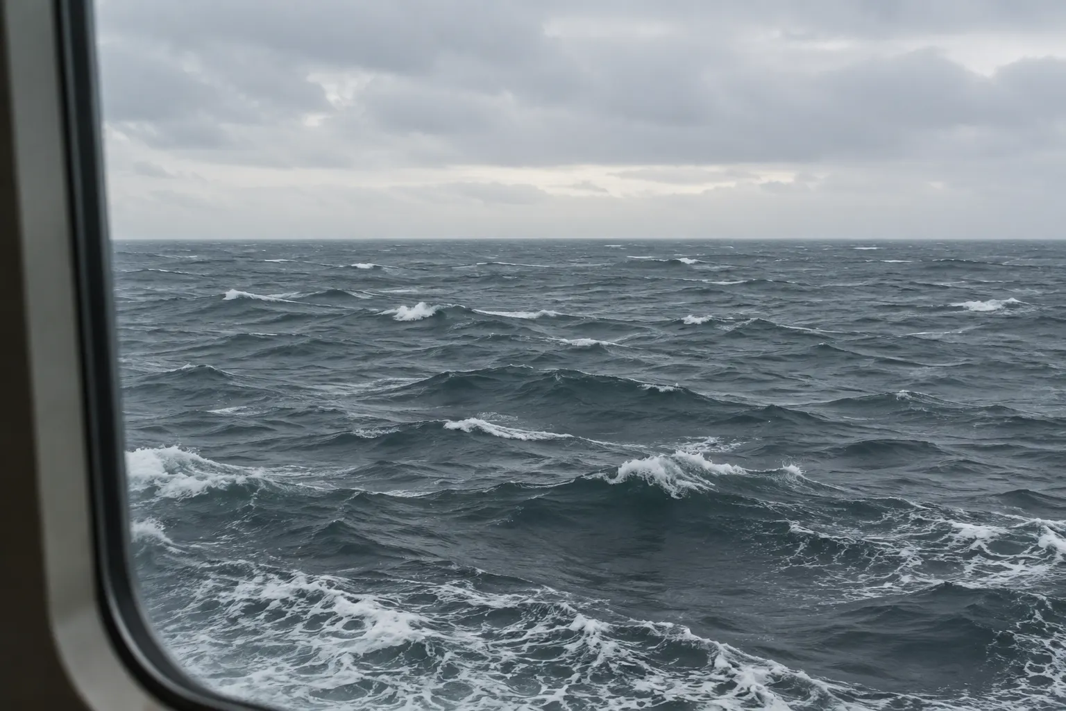 Short, closely spaced waves and scattered whitecaps beneath a gray horizon, seen from a ship.