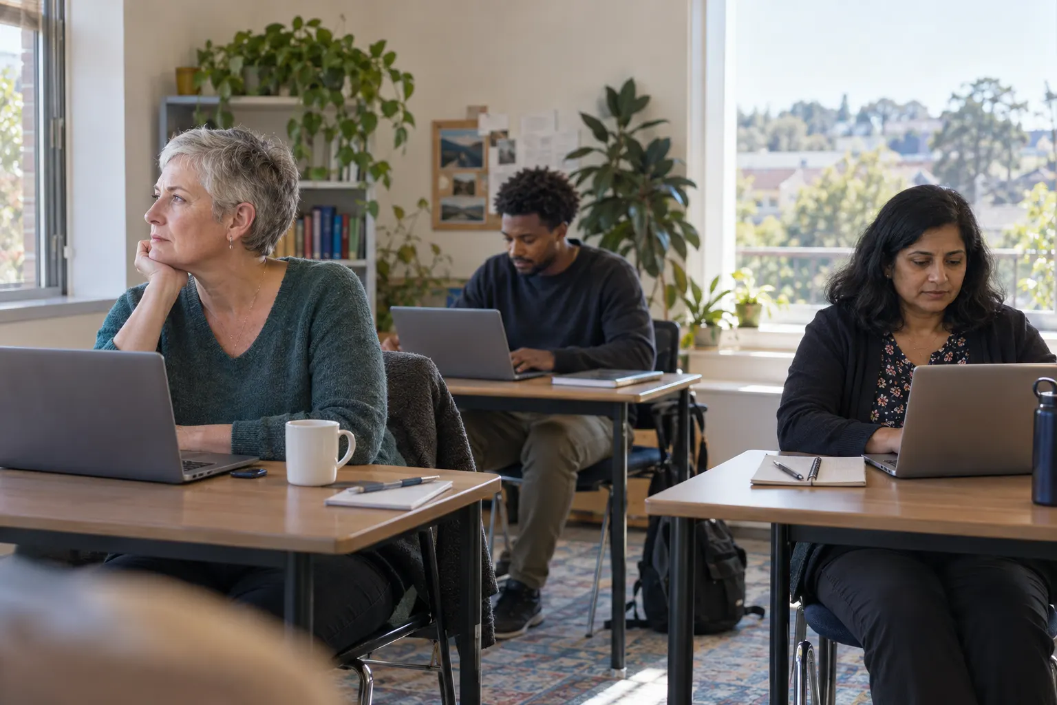 Adults of different ages using laptops in a bright room while one person takes a window-view break.