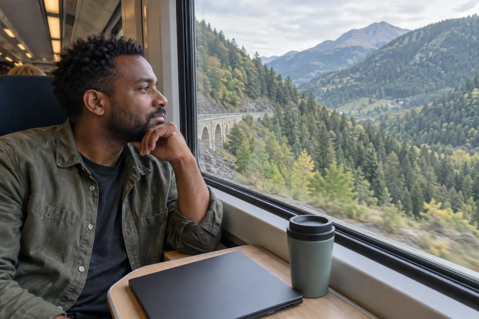 Rail passenger watching a forested mountain valley with their laptop closed on the table.