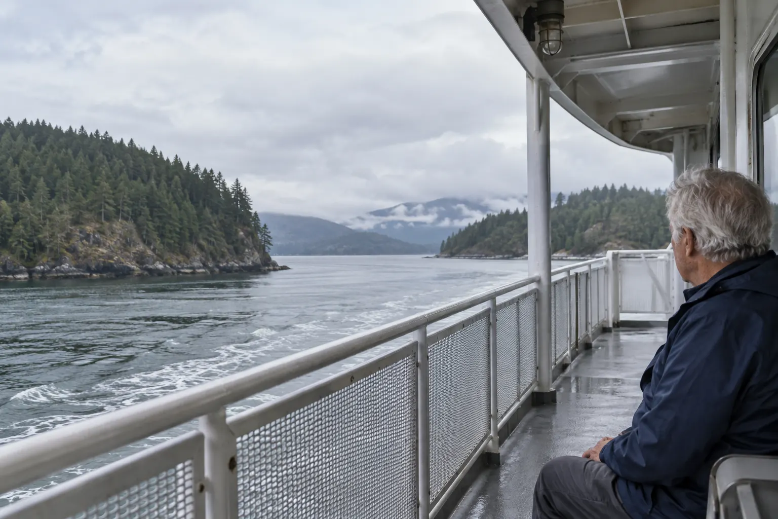 Ferry passenger watching smooth water between forested islands from a sheltered deck.