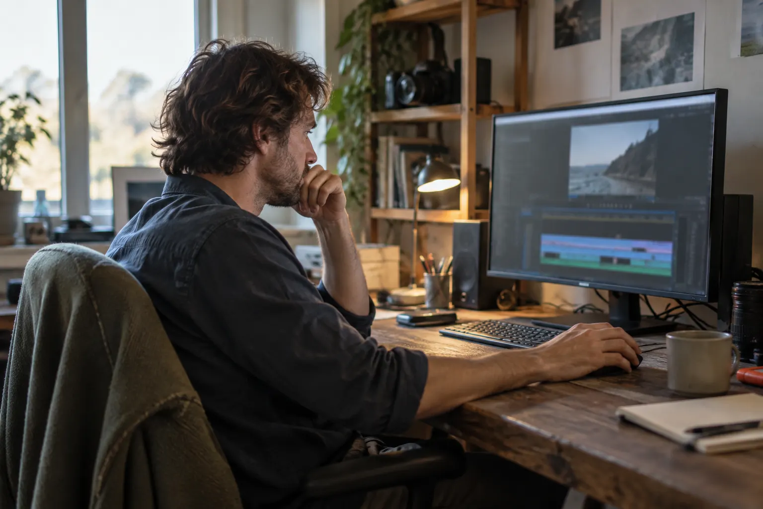 Video editor using a small preview on a monitor in a workspace lit by a window and desk lamp.