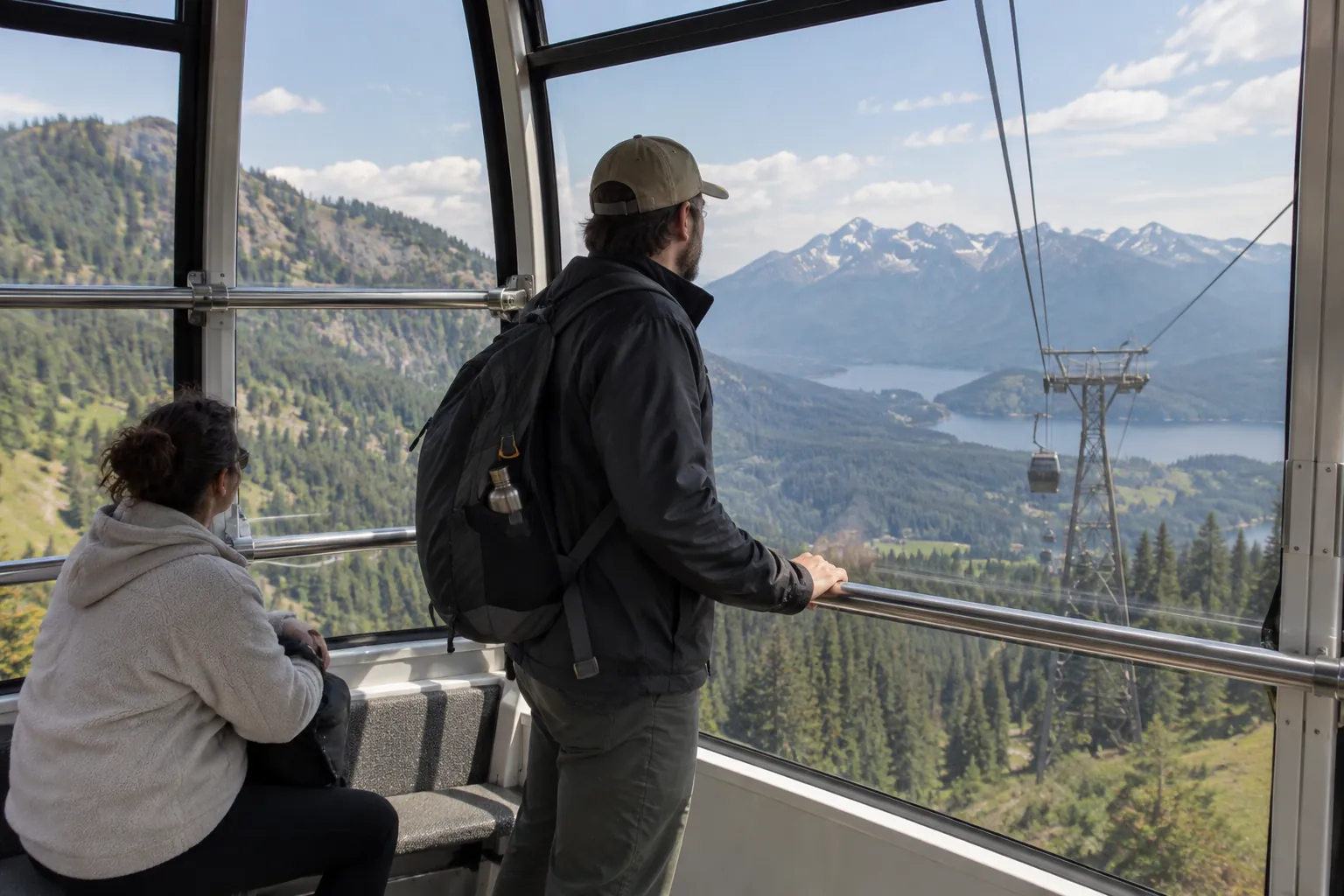Passenger holding a handrail and looking toward distant mountains inside an aerial tram.