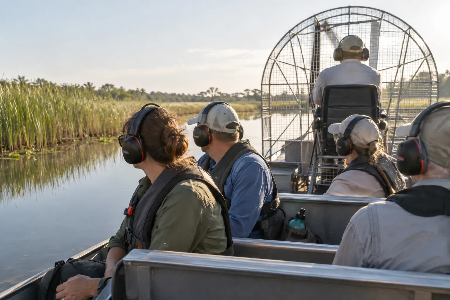 Airboat passengers wearing hearing protection while seated on calm marsh water.
