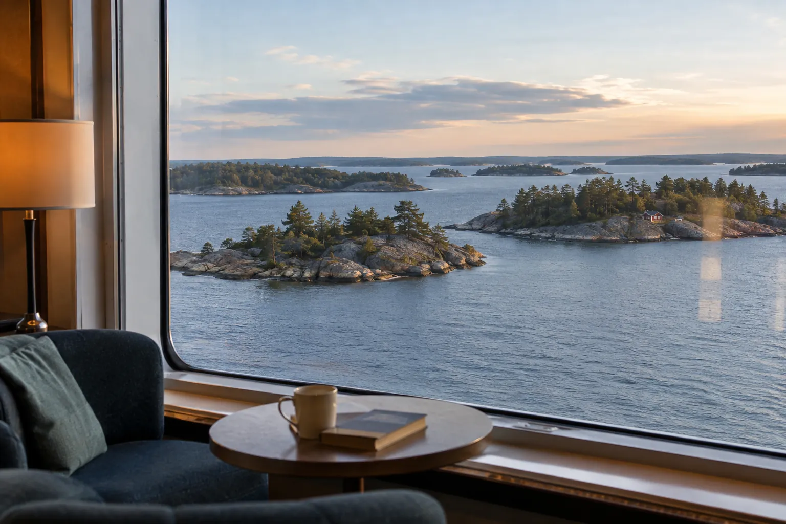 Low pine-covered islands surrounding a sheltered Baltic archipelago approach.