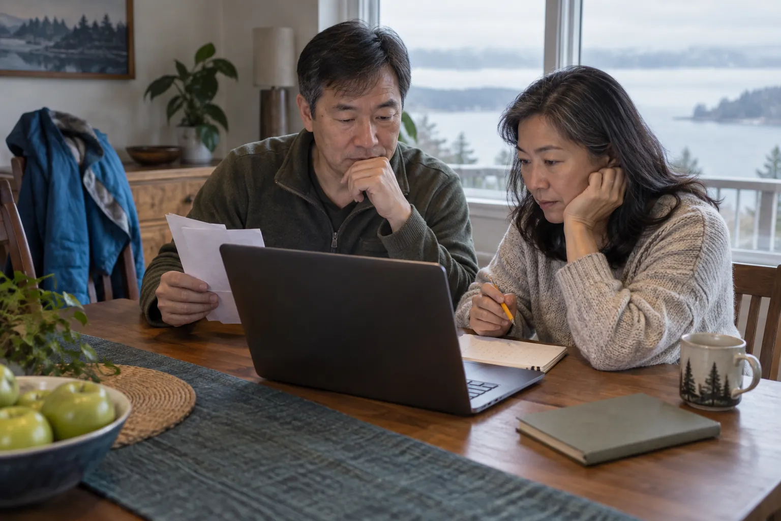 Travellers comparing departure dates for a repositioning cruise at a desk.