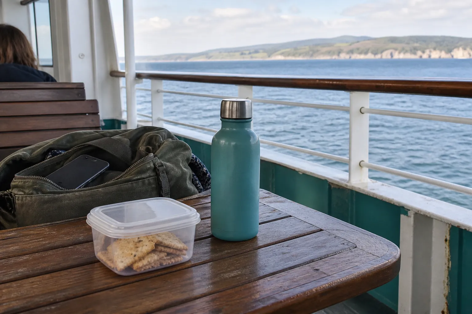 Water and plain crackers secured beside a sheltered boat seat with the coastline in view.