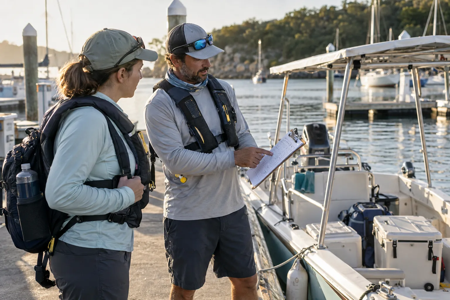 Traveller talking with a crew member beside a moored tour boat in early morning light.