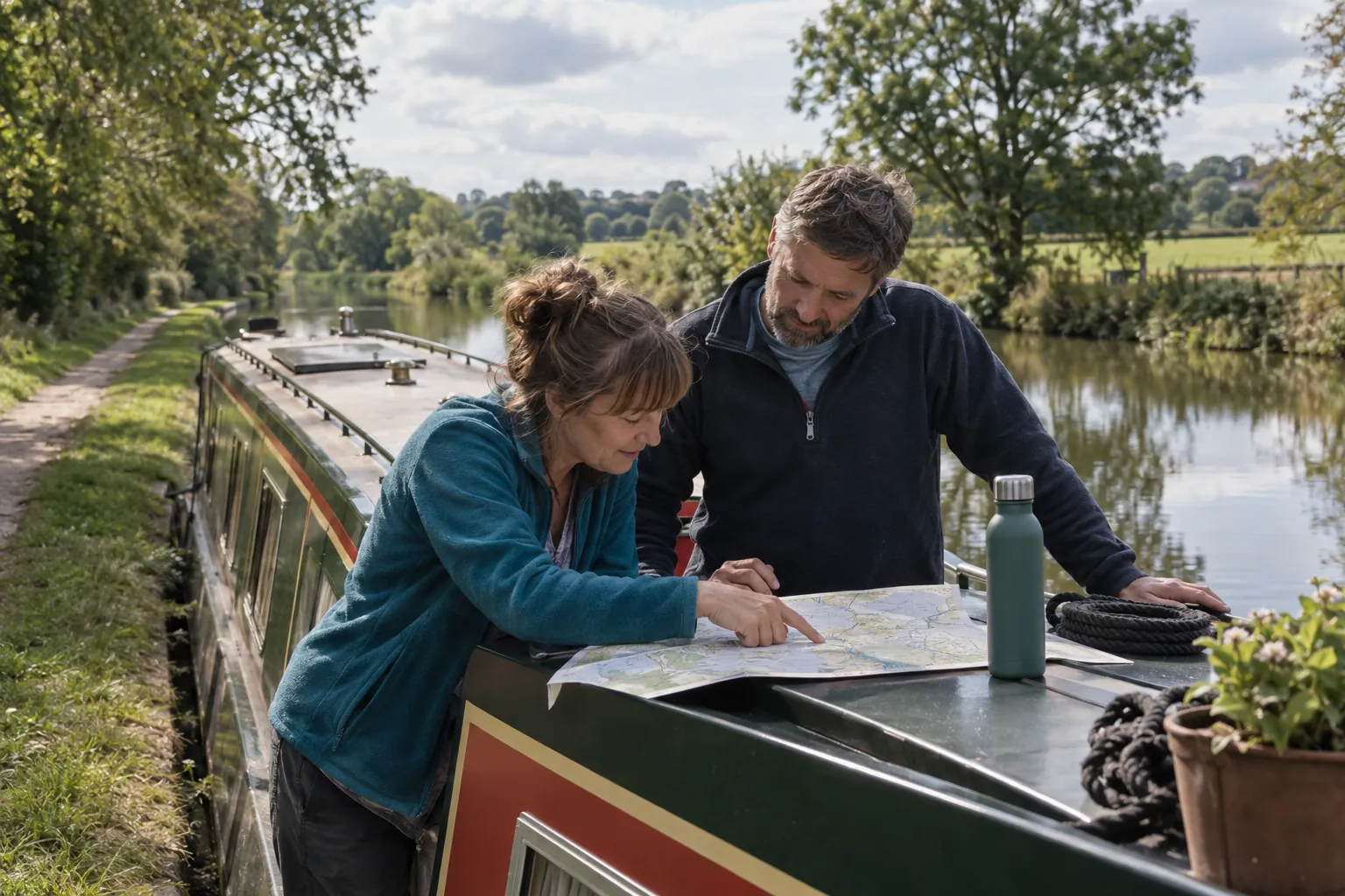 Travellers checking a route map beside a narrowboat moored on a still rural canal.