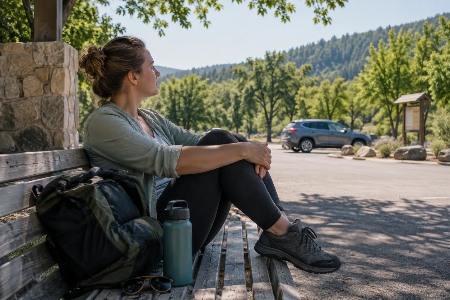 Traveller taking a shaded rest-area break with sunglasses and water nearby.