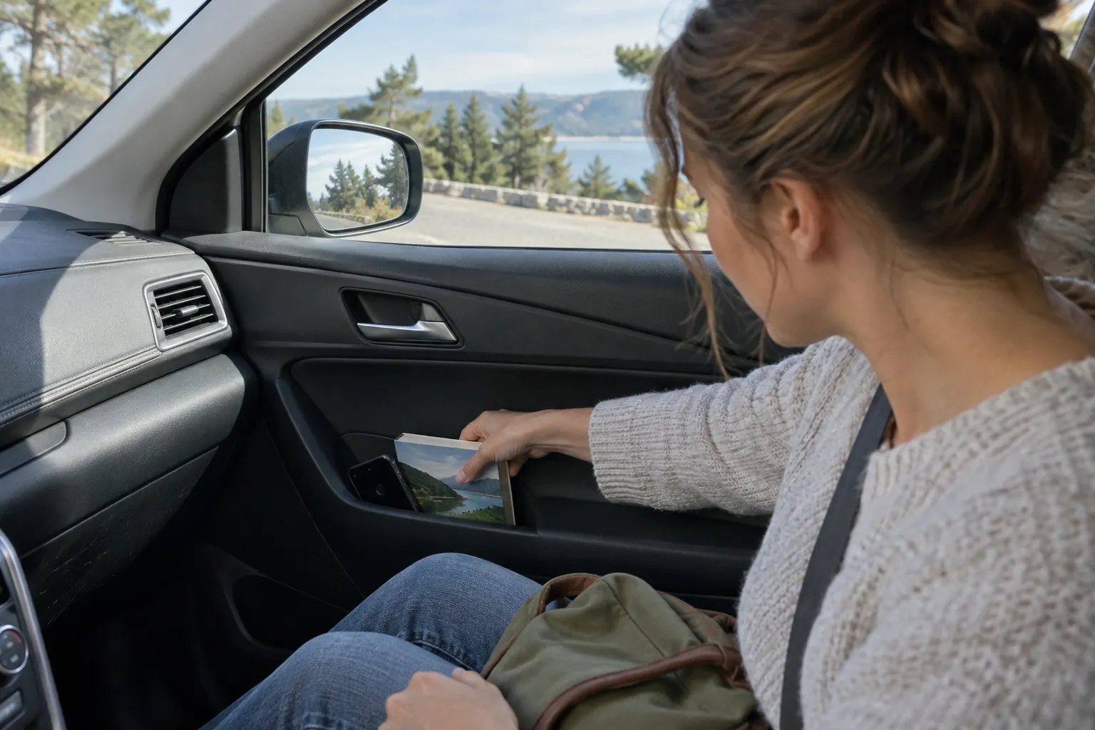 Passenger putting a closed book and phone away with a clear road view ahead.