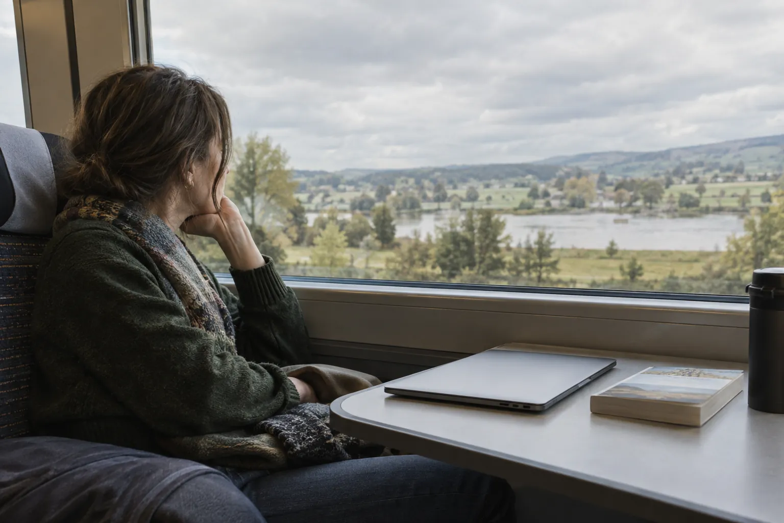 Closed reading materials at a forward-facing train seat while a passenger looks outside.