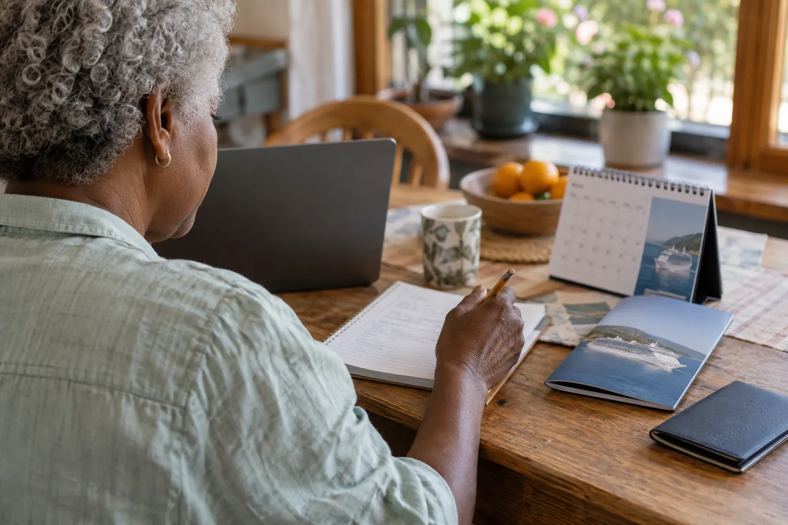Traveller comparing a calendar and Caribbean itinerary at a table before booking.