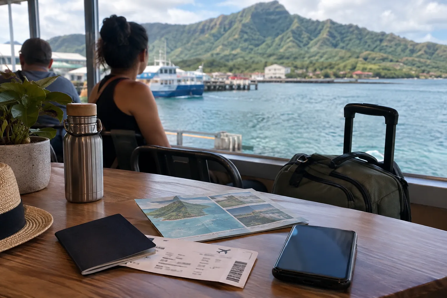 Flight and cruise travel papers beside a carry-on bag at an island harbour terminal.