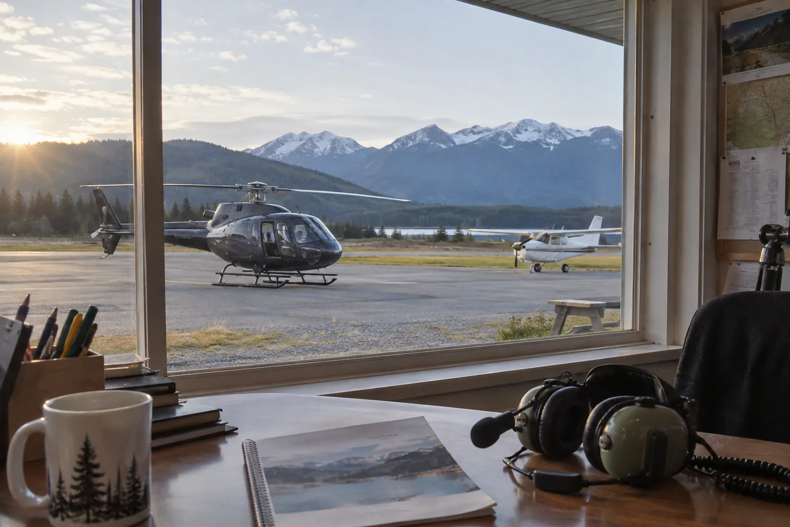 Parked helicopter and light aircraft seen from a tour office with a route booklet on the desk.
