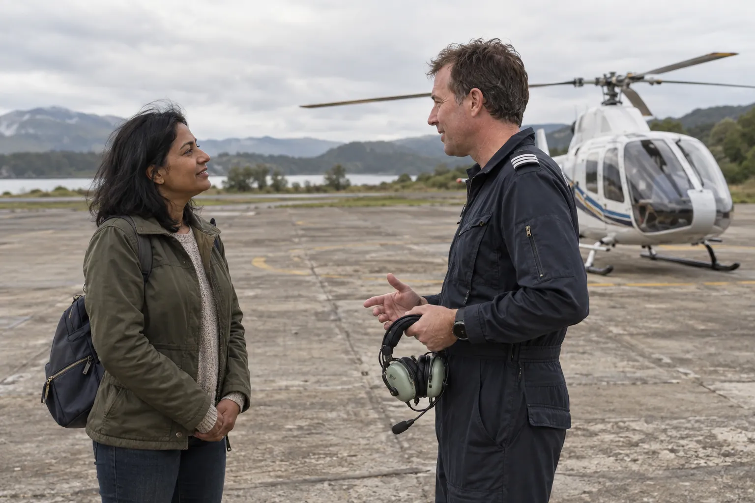 Passenger talking with a pilot before boarding a parked sightseeing helicopter.