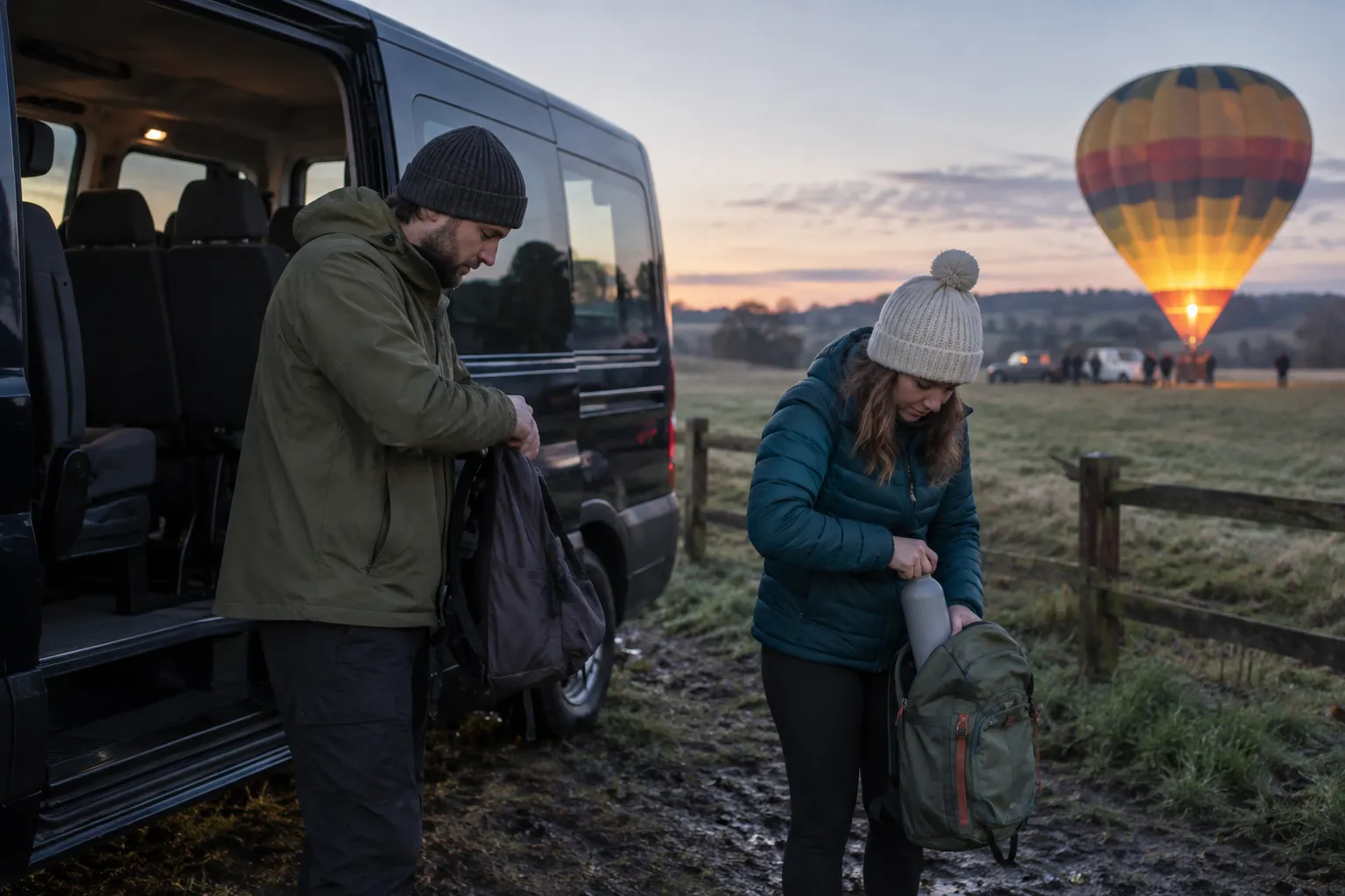 Travellers preparing beside a parked minibus at a balloon launch field before sunrise.