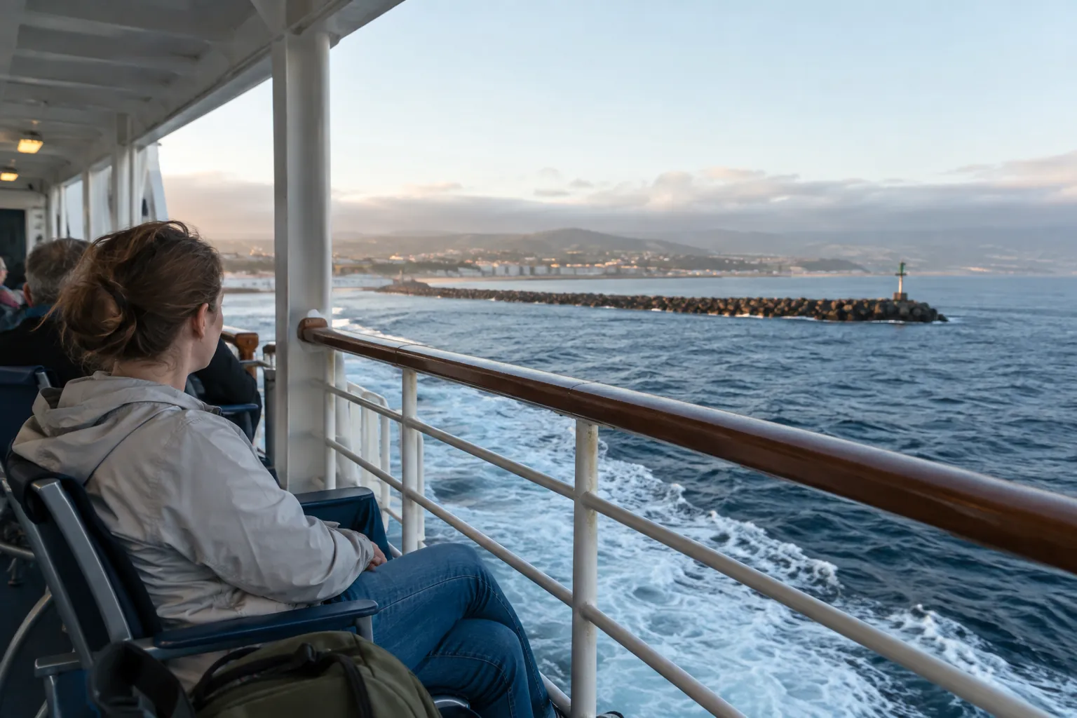 A harbour breakwater giving way to open coastal water, viewed from a sheltered passenger deck.