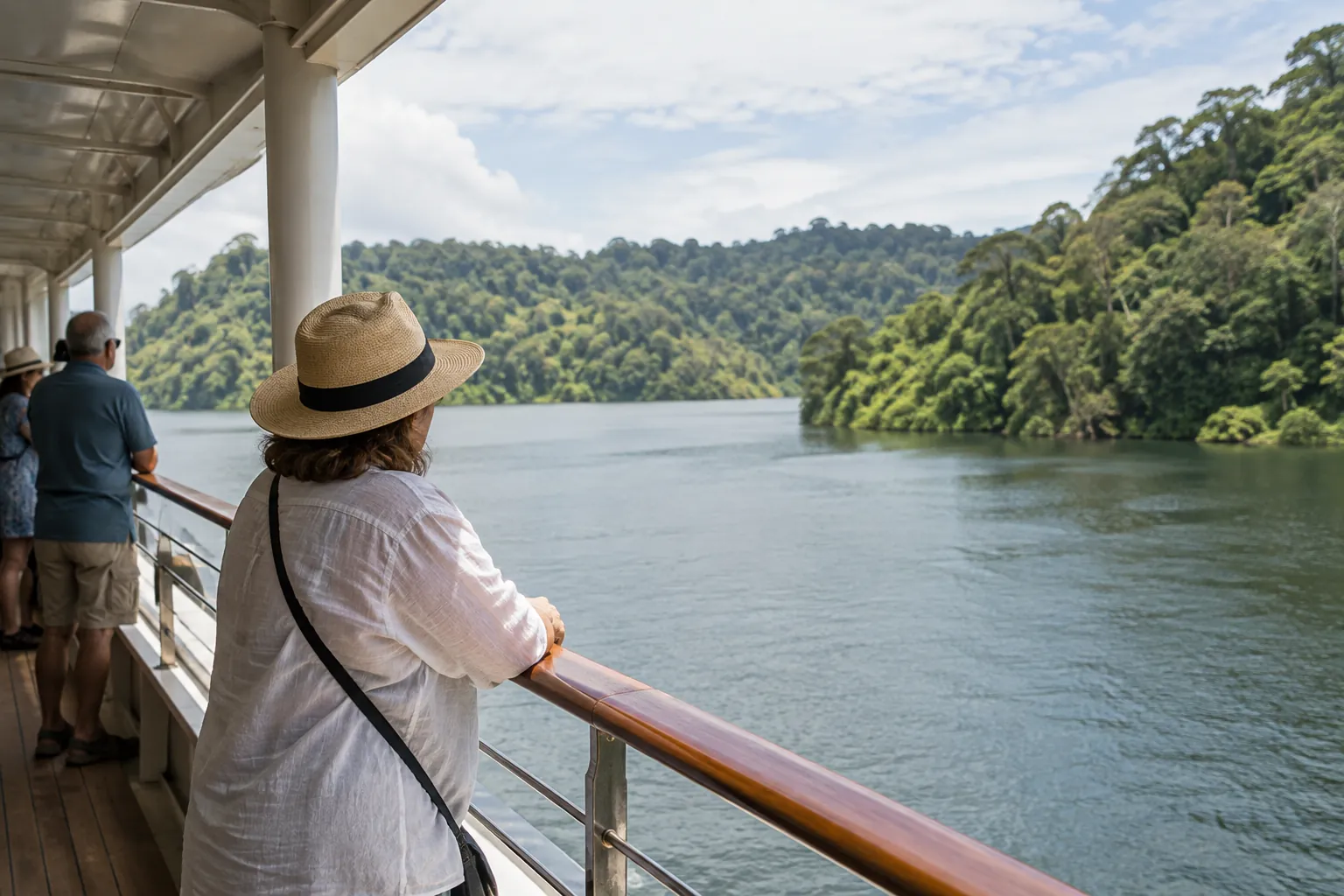 Forested banks surrounding calm inland water seen from a shaded passenger promenade.