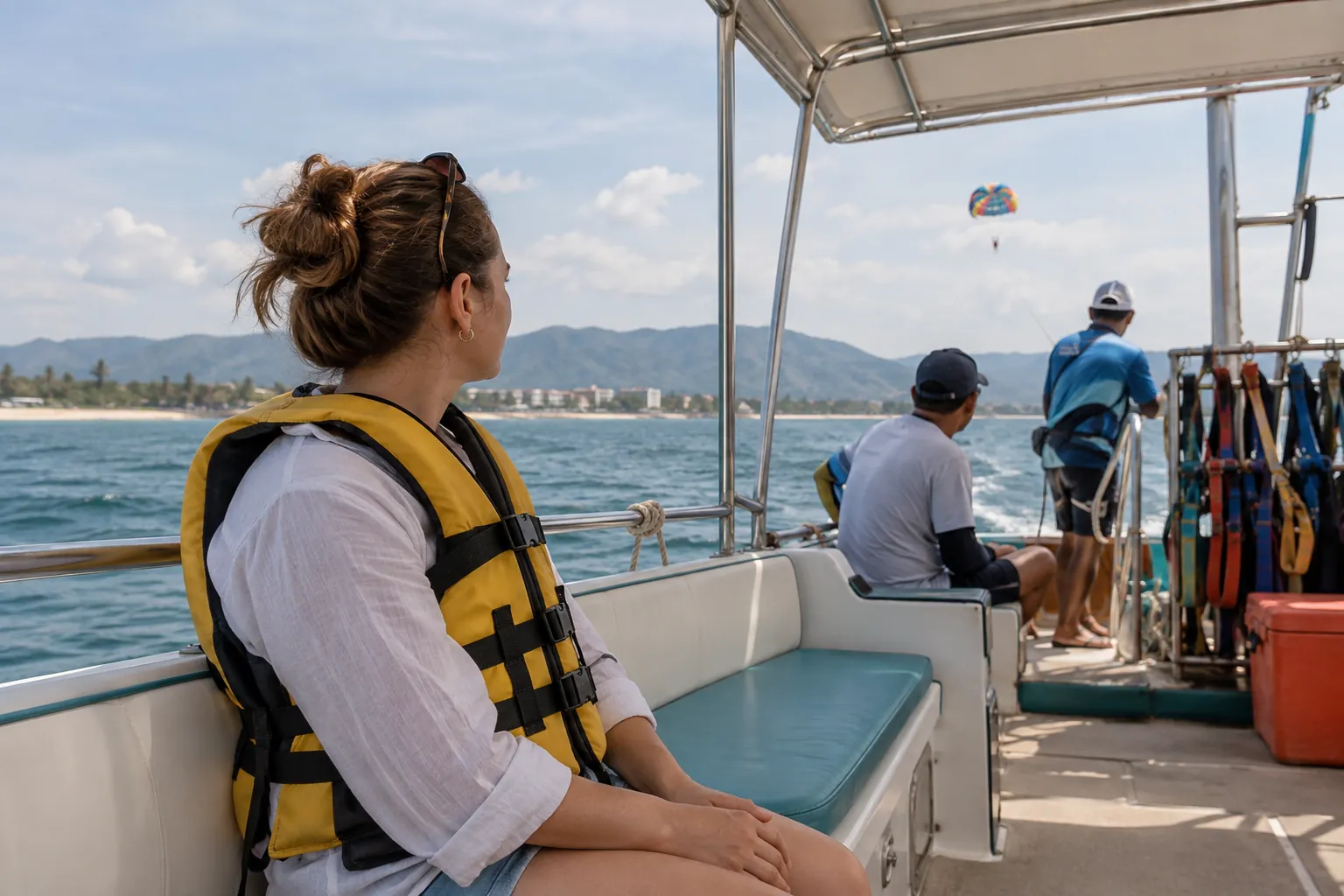 Lifejacketed passenger sitting amidships on a parasailing boat while waiting for a turn.