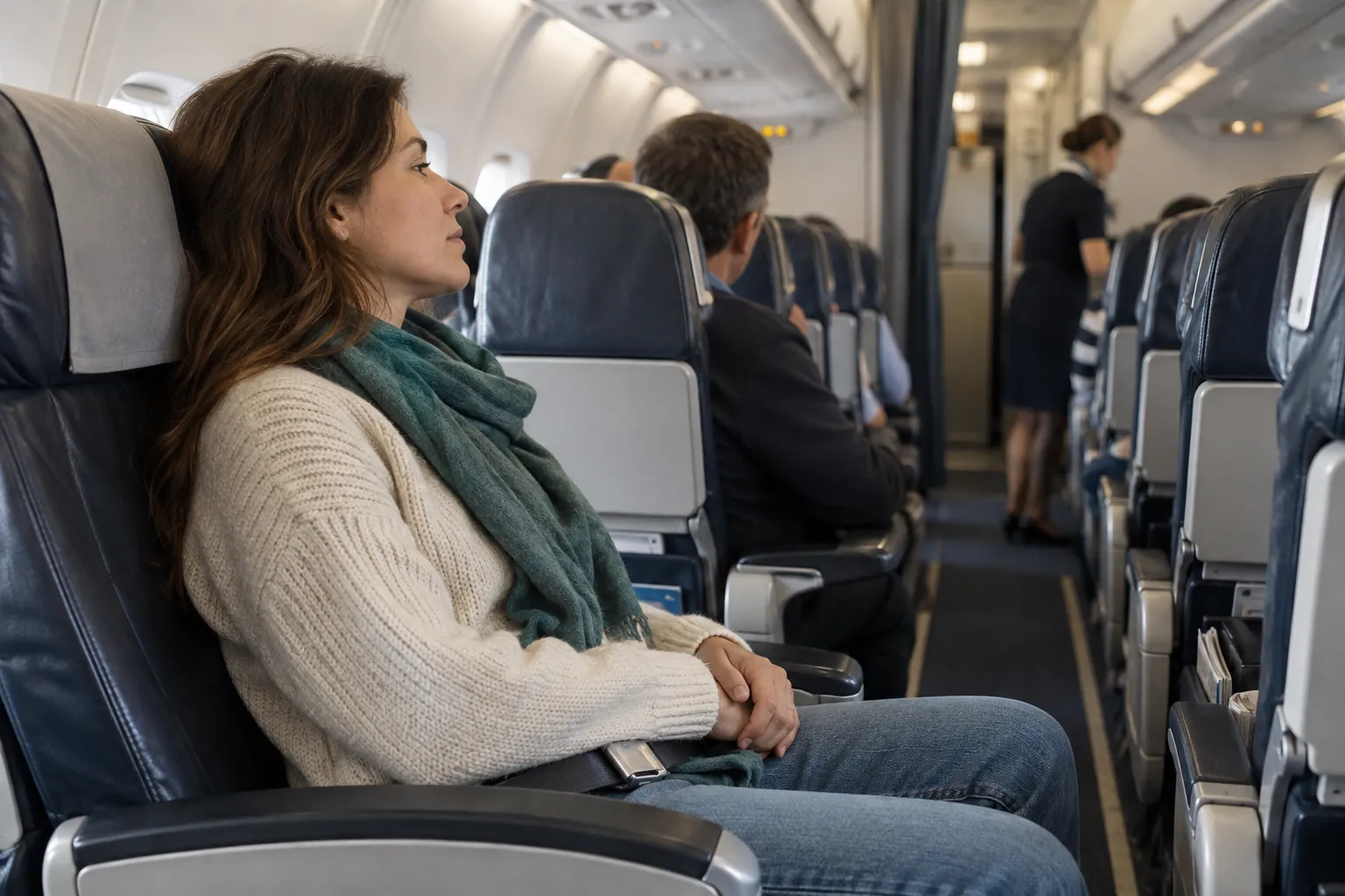 Airline passenger remaining seated with a fastened lap belt and head supported by the headrest.