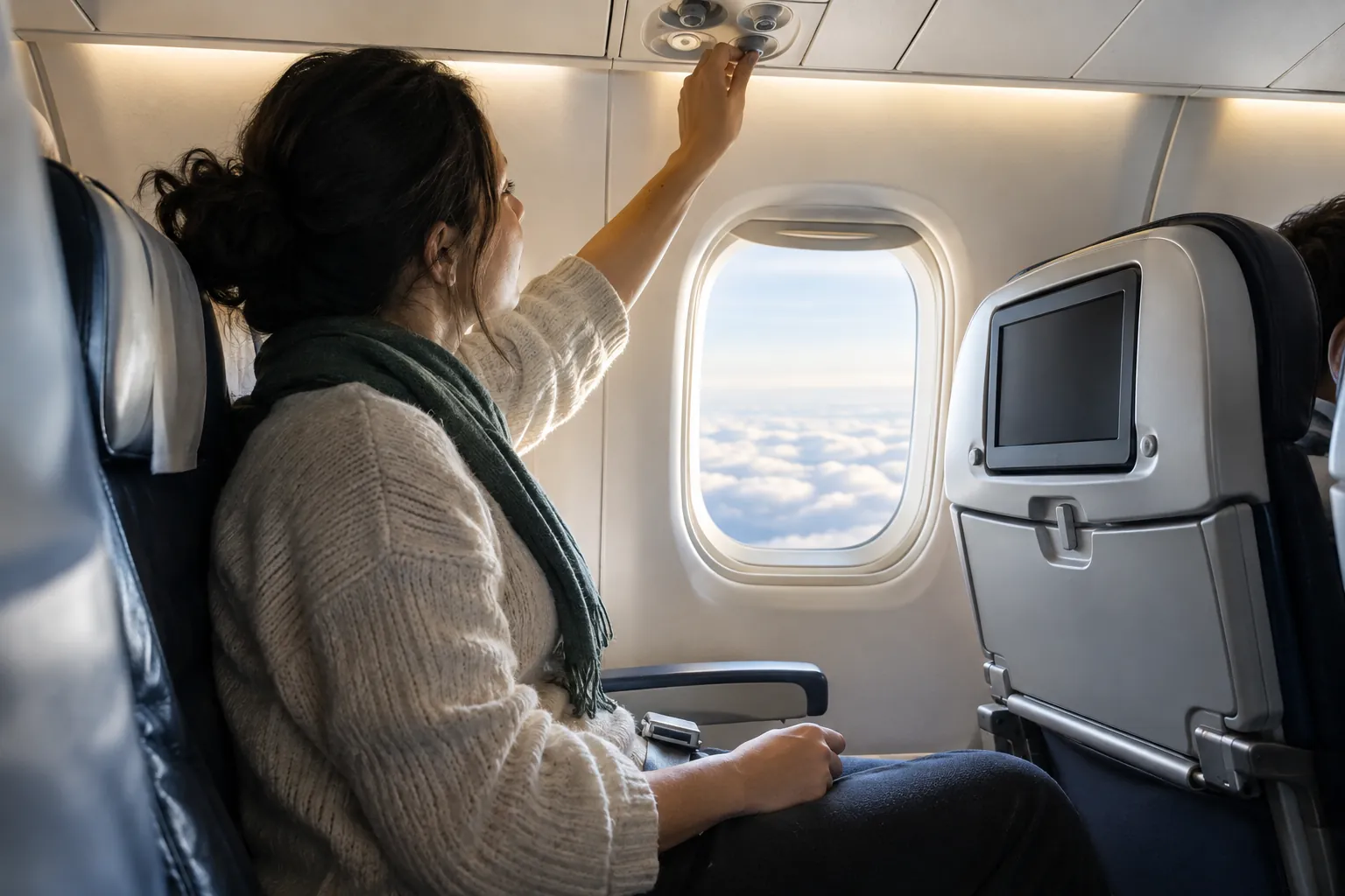 Seated airline passenger adjusting the overhead vent with the window shade open.
