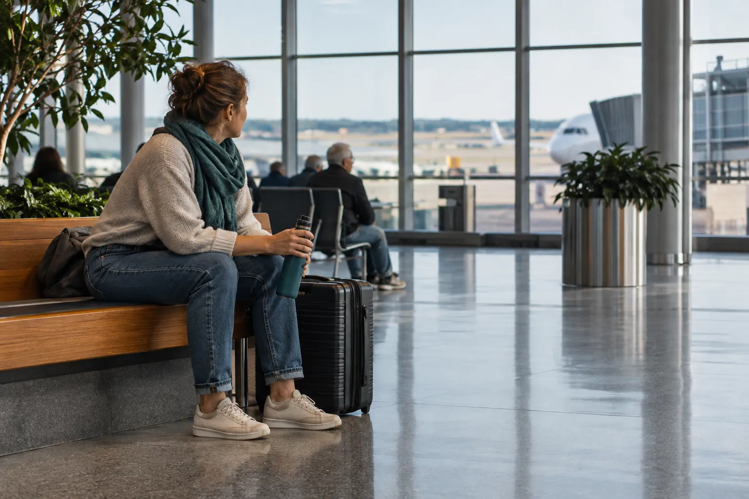 Traveller sitting with both feet on the floor beside a parked suitcase in an airport terminal.