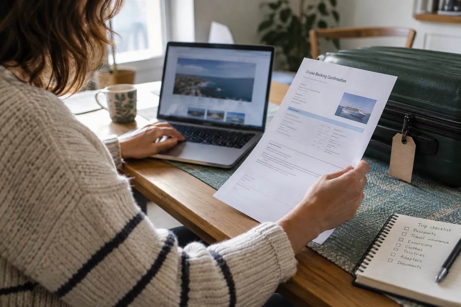 Traveller checking a cruise booking on a laptop before finalizing travel plans.
